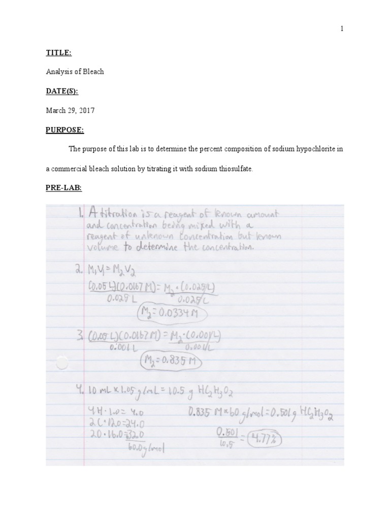 Analysis of Bleach Lab Report Molar Concentration Mole (Unit)