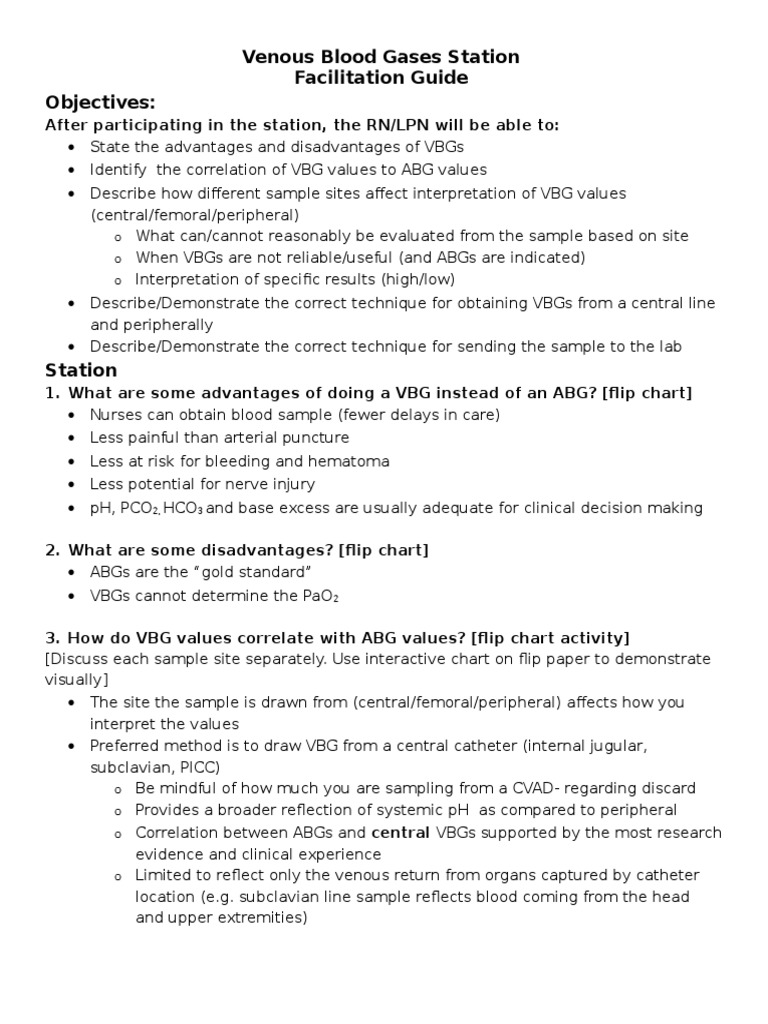 Venous Blood Gases Station Facilitation Guide Objectives | Download ...