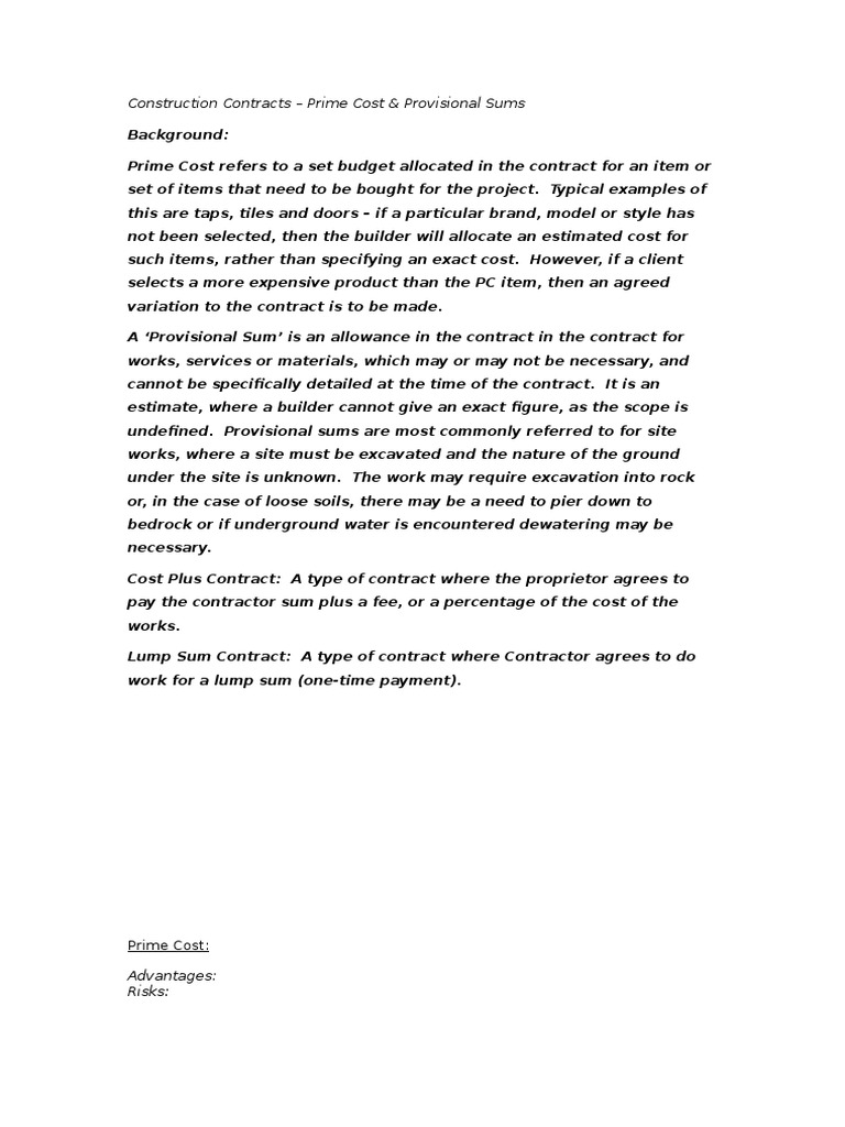 Construction Contracts Prime Cost/Provisional Sums PDF General Contractor Risk