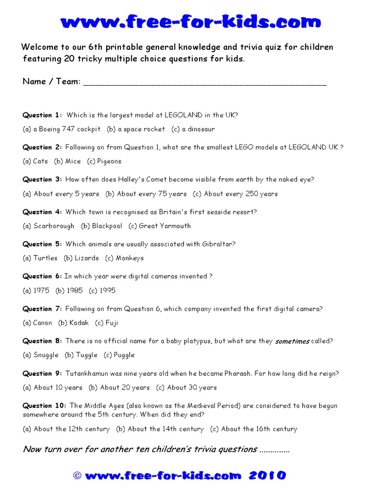 Children S Trivia And General Knowledge Quiz No 6 Pdf Leisure