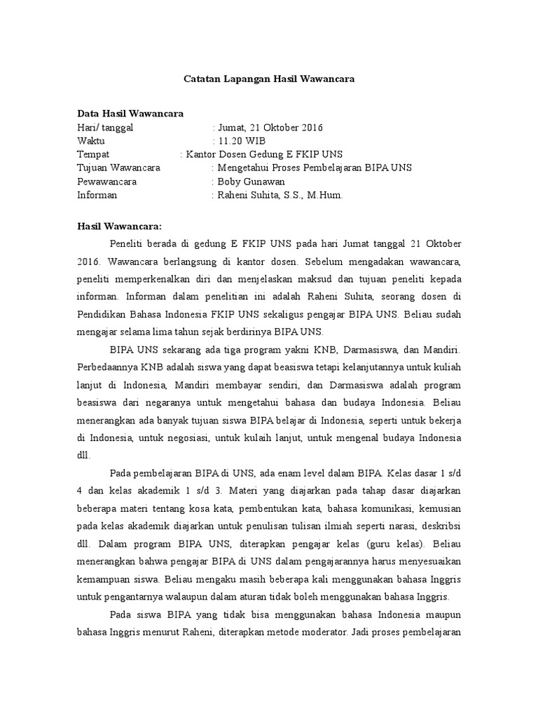Catatan Lapangan Hasil Wawancara