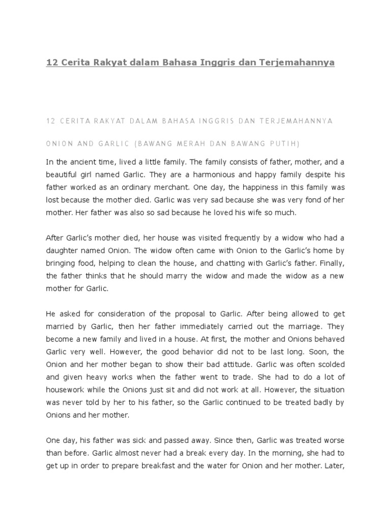 12 Cerita Rakyat Dalam Bahasa Inggris Dan Terjemahannya