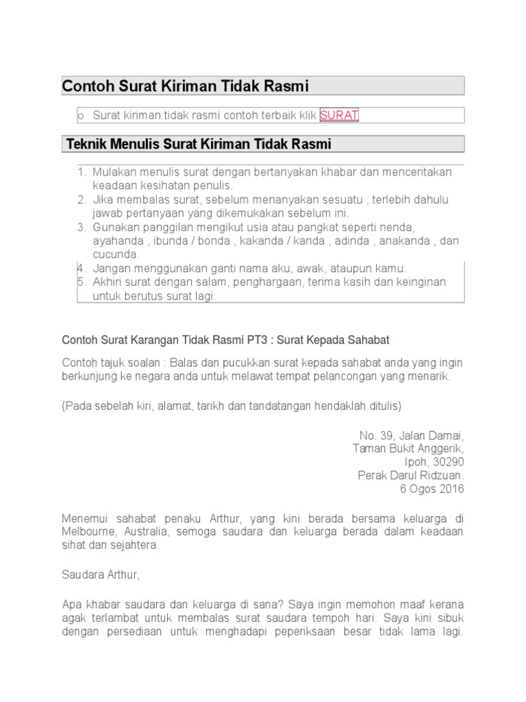 Contoh Karangan Surat Kiriman Rasmi Tiada Nombor