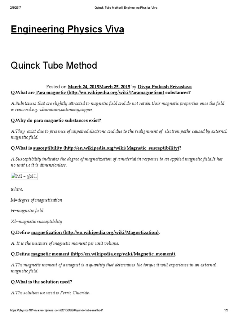 Quincke's Method for Magnetic Susceptibility | PDF | Magnetism ...
