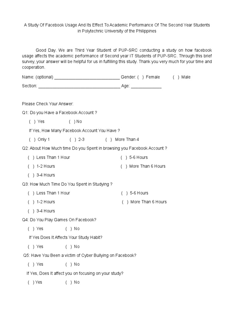 Questionnaire Facebook Questionnaire