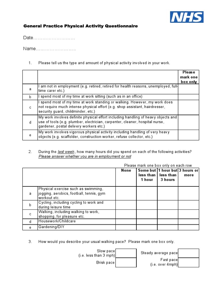 Activity Questionnaire as at 22.5.13 Physical Exercise Recreation