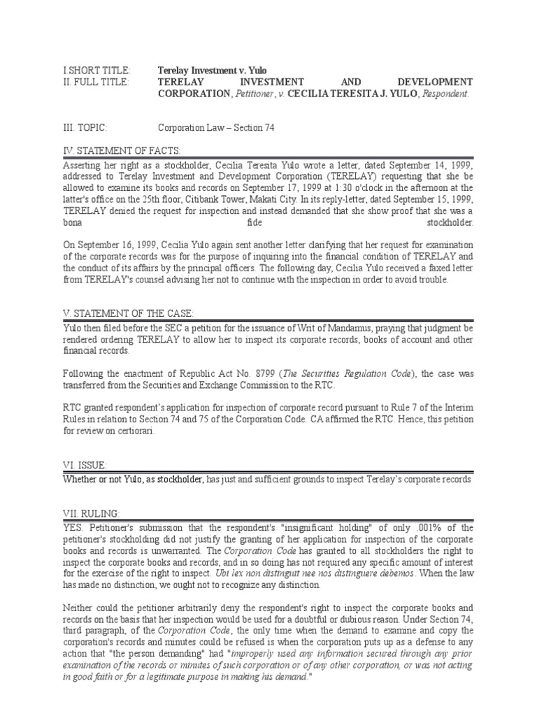 Terelay Investment v. Yulo PDF Corporations U.S. Securities And