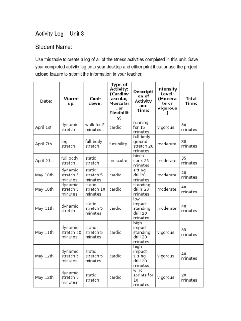 Activity Log Aerobic Exercise Physical Exercise