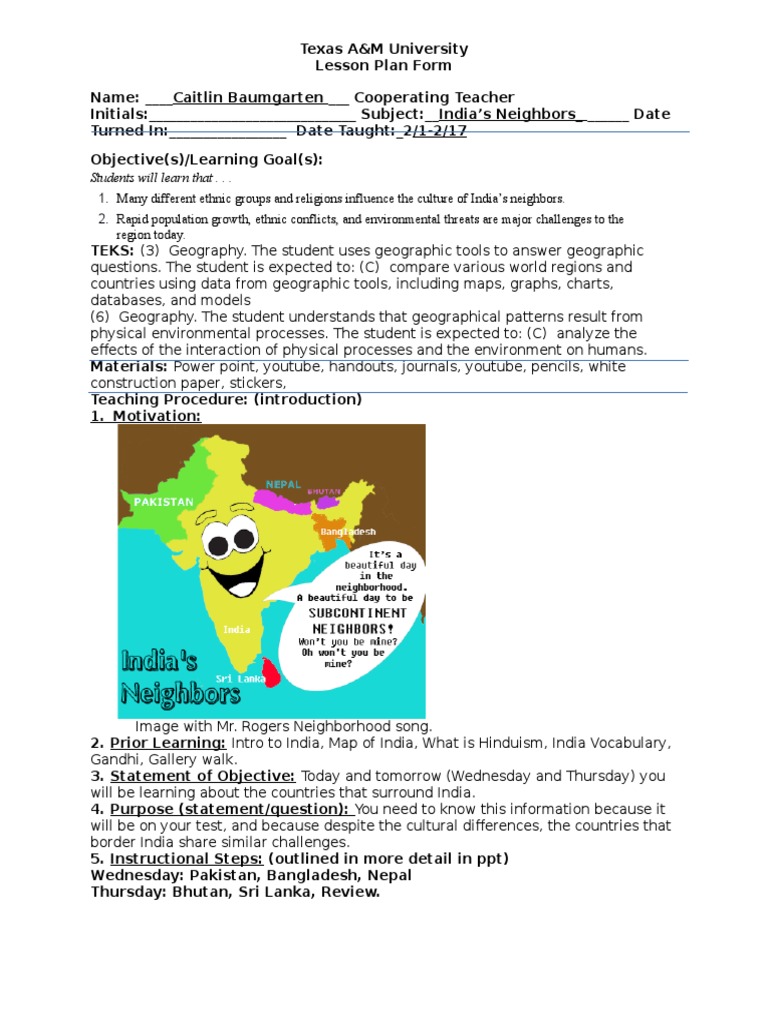 Exploring India's Neighbors: A Lesson Plan | PDF | Geography | Lesson Plan