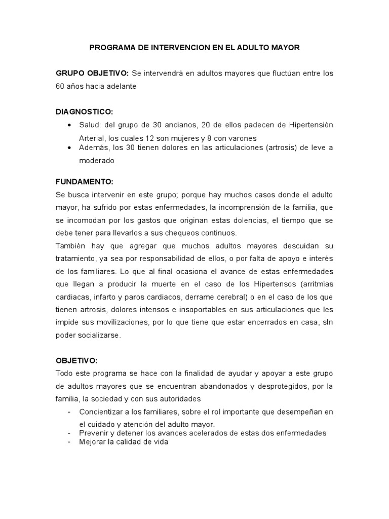 Programa de Intervención para Adultos Mayores | PDF | Vejez | Adultos