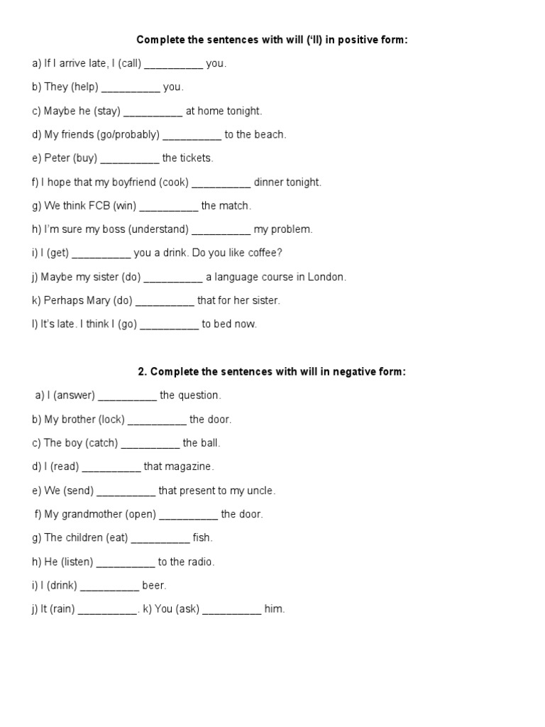 Completing Sentences with Will | PDF