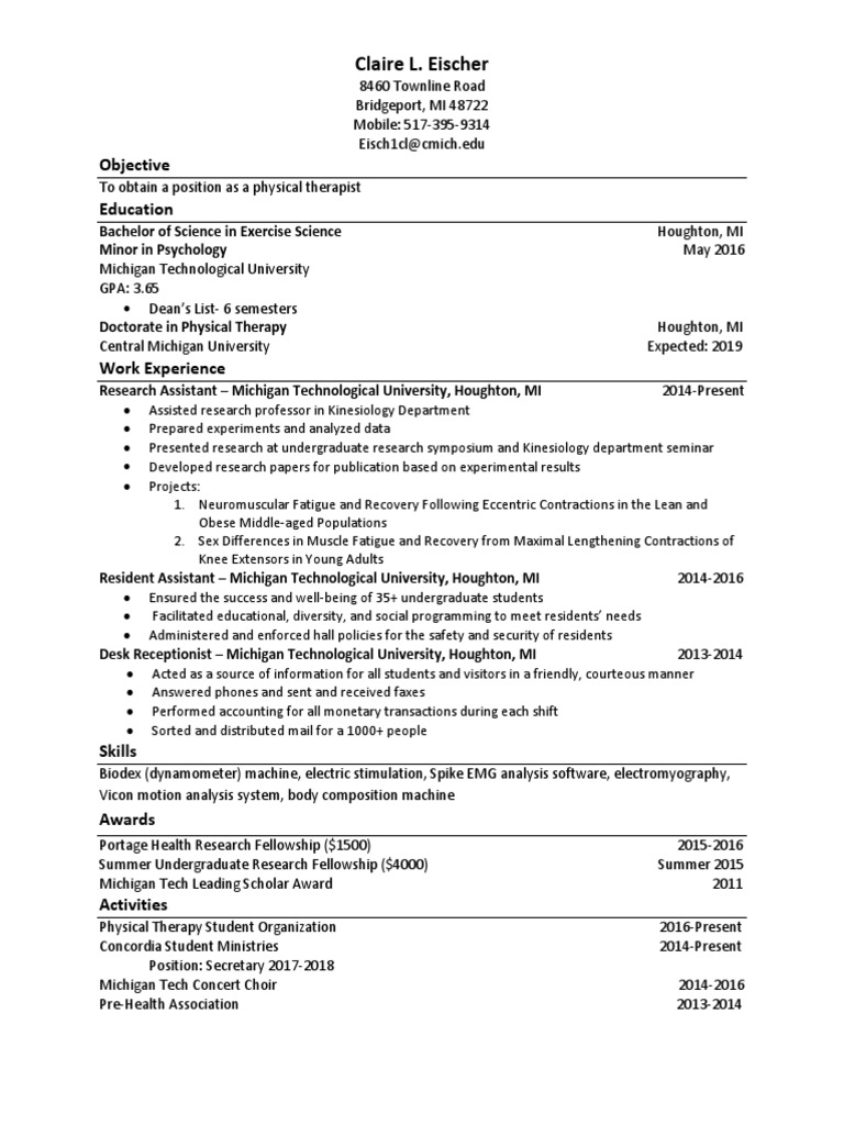 Updated Resume 5 21 17 | PDF | Physical Therapy | Electromyography