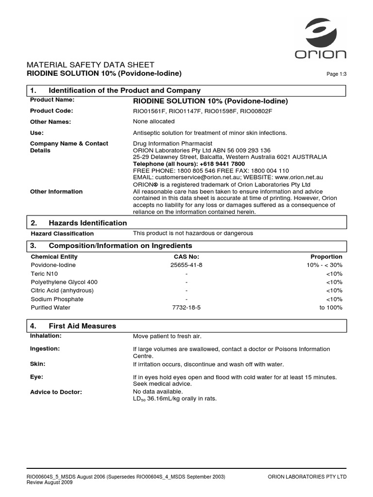 PovidoneIodine Solution MSDS PDF Chemistry Materials