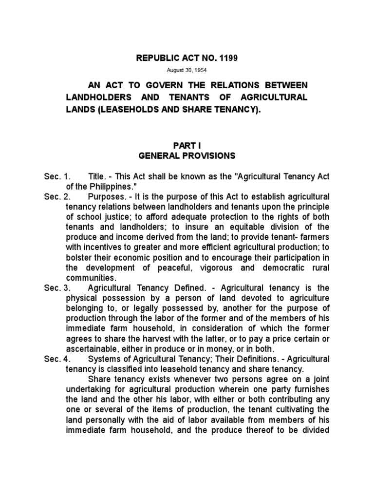 RA 1199 (Agricultural Tenancy Act of the Philippines) Leasehold
