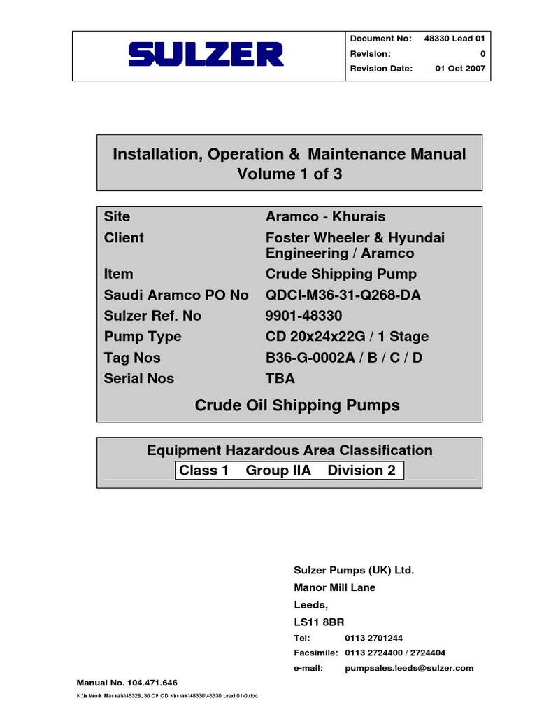 Crude Pump Installation Manual SULZER PDF | PDF | Transmission ...