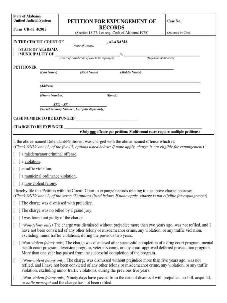 Alabama Petition for Expungement Form | PDF | Criminal Law | Criminal  Justice