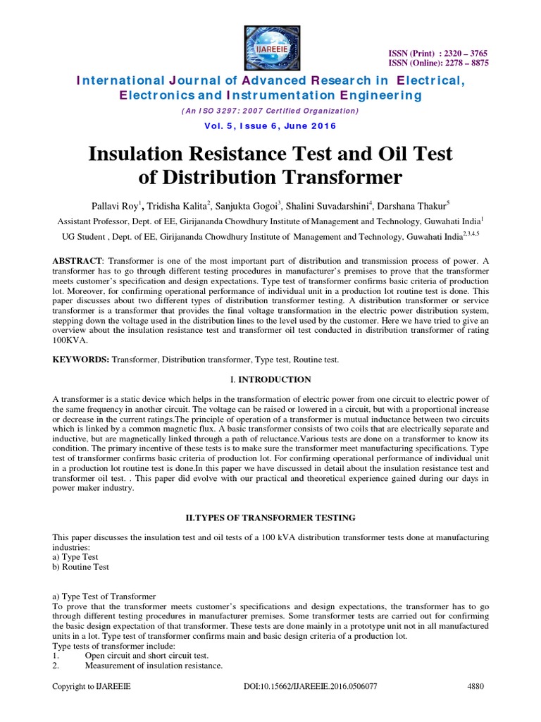 Insulation Resistance Test and Oil Test of Distribution Transformer PDF Transformer
