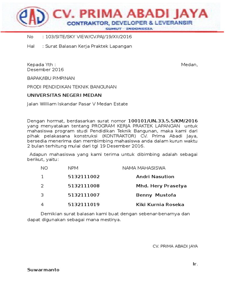 Surat Balasan Pkl Unimed Ss