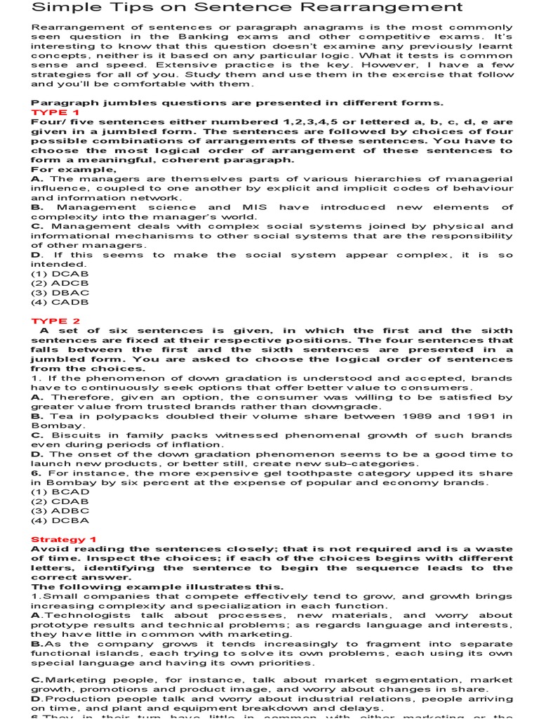 Sentence Rearrangement Strategies | PDF | Test (Assessment) | Business