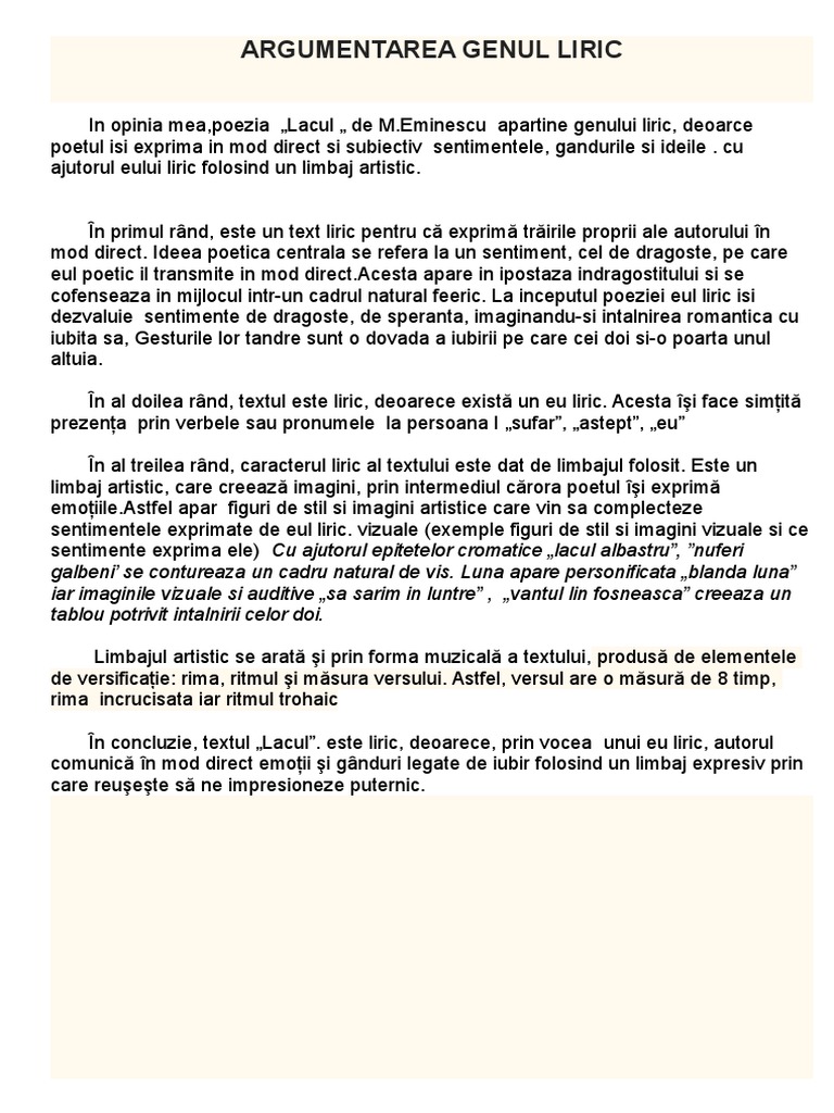 Argumentare Gen Liric ARGUMENTAREA GENUL LIRIC - Lacul | PDF