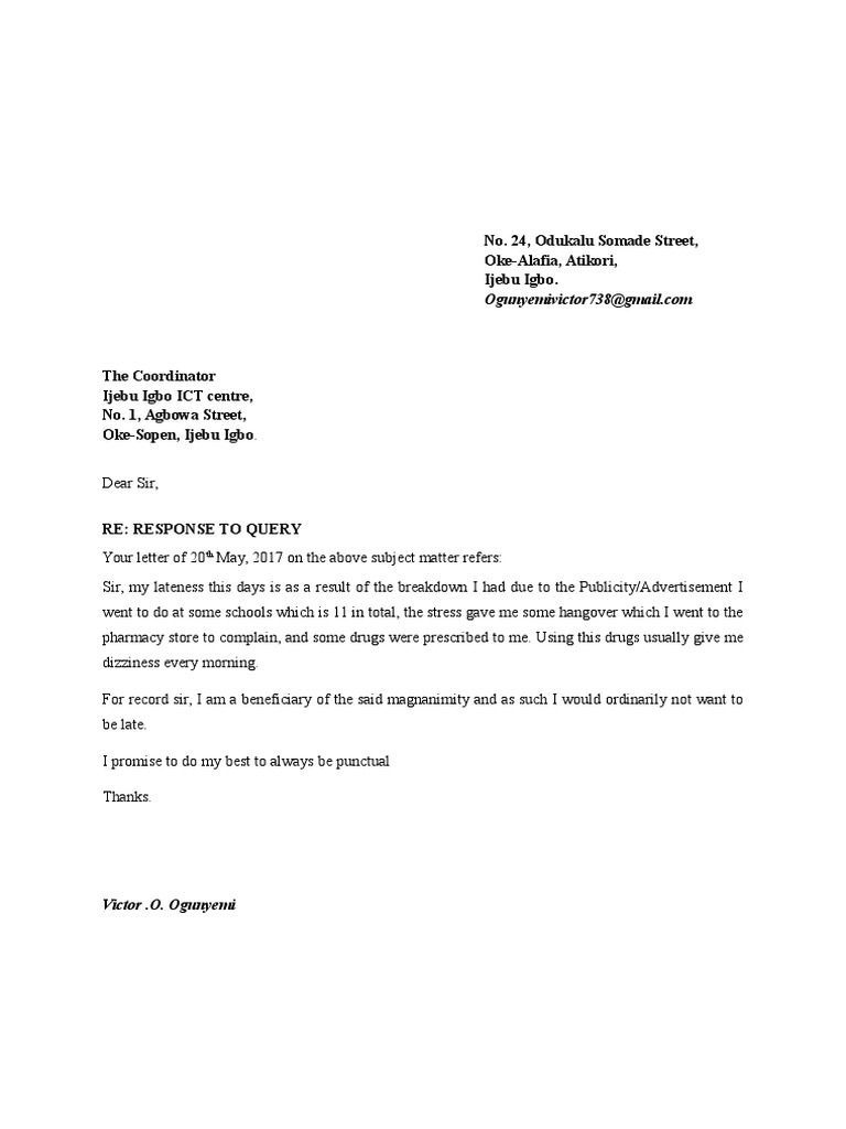 Response to Query on Lateness Issue | PDF