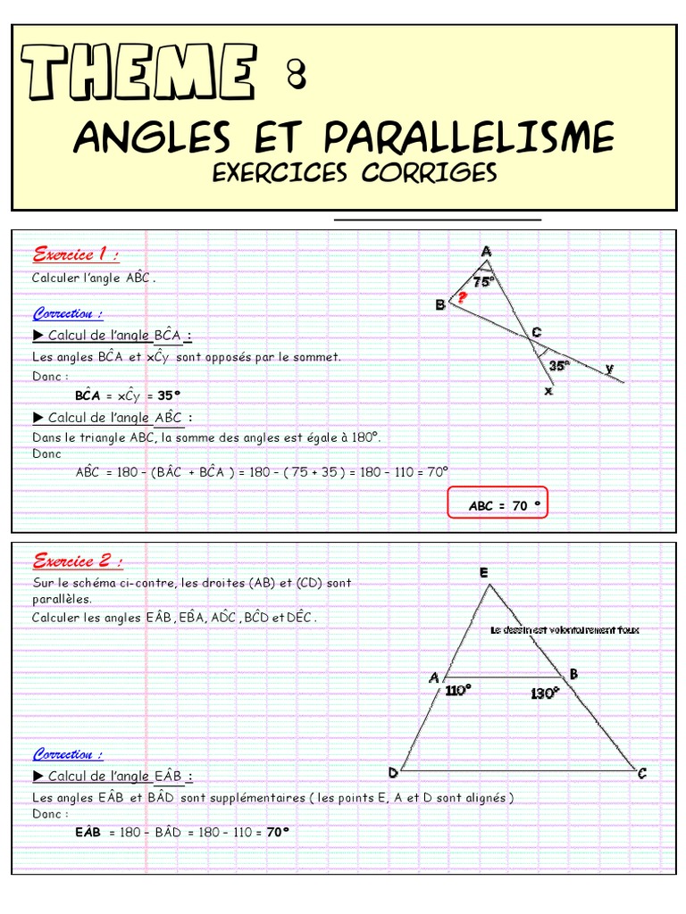 Exercices Sur Les Angles 6ème à Imprimer Angles Et Parallélisme - Exercices Corrigés | PDF | Triangle | Angle