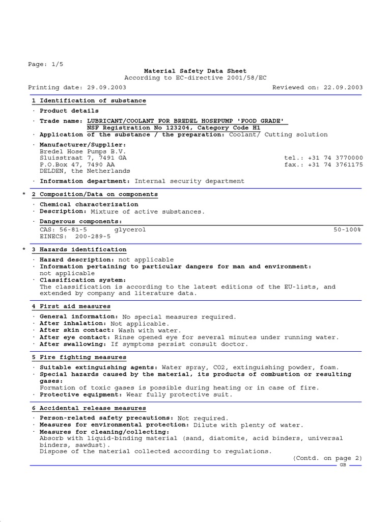 Bredel Hose Lubricant Msds PDF Dangerous Goods Chemical Substances