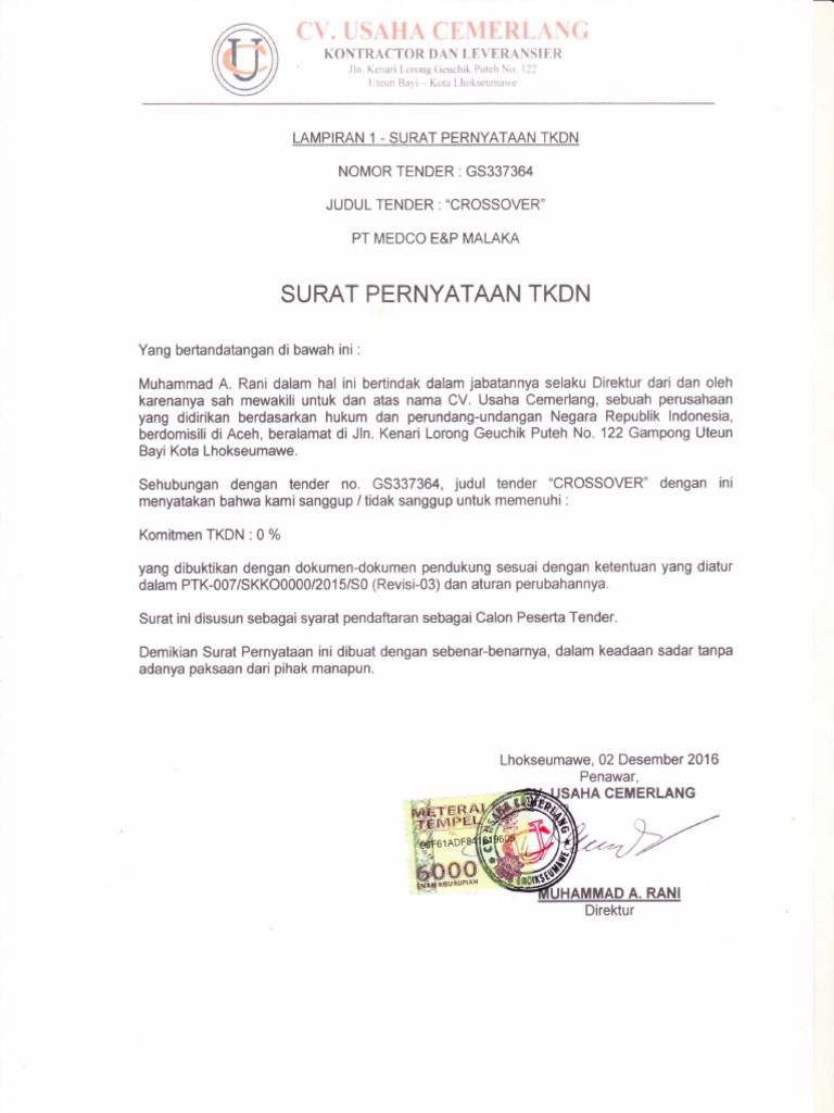 Surat Pernyataan Tkdn Dan Kualifikasi