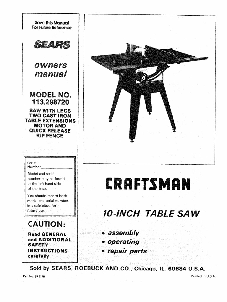 Manual, Craftsman Table Saw, Model 113298720 and 750