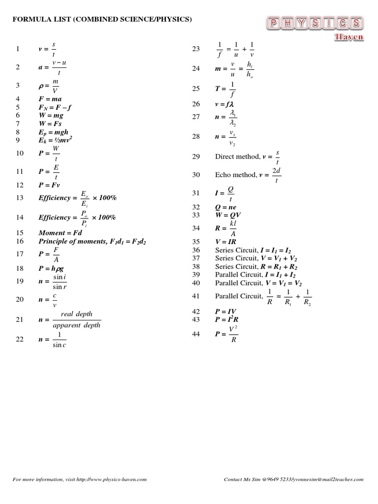 T S U V M U V V H H: Formula List (Combined Science/Physics) | PDF ...