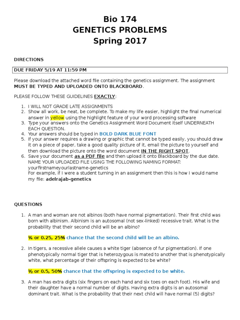 Genetics Assignment Problems 2017 | PDF | Dominance (Genetics) | Zygosity