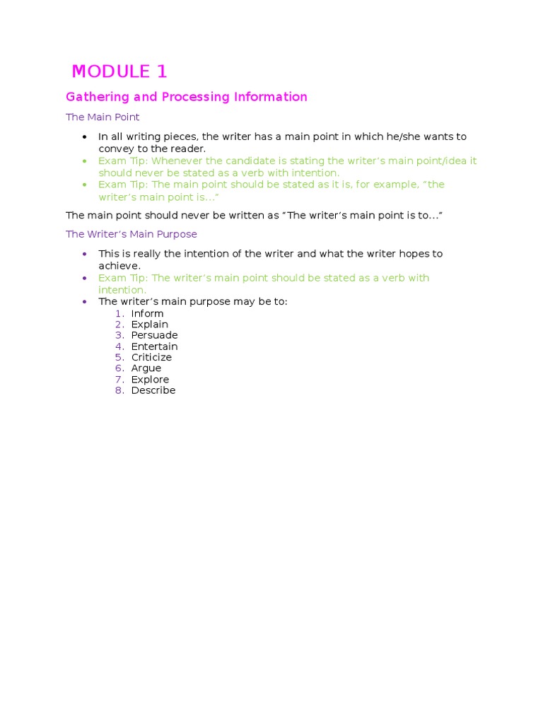 Understanding Writer's Main Point and Purpose | PDF