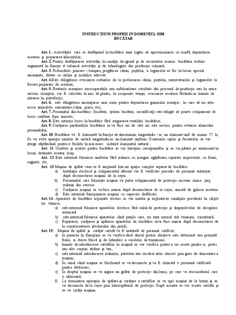 Instructiuni Proprii SSM Bucatar | PDF