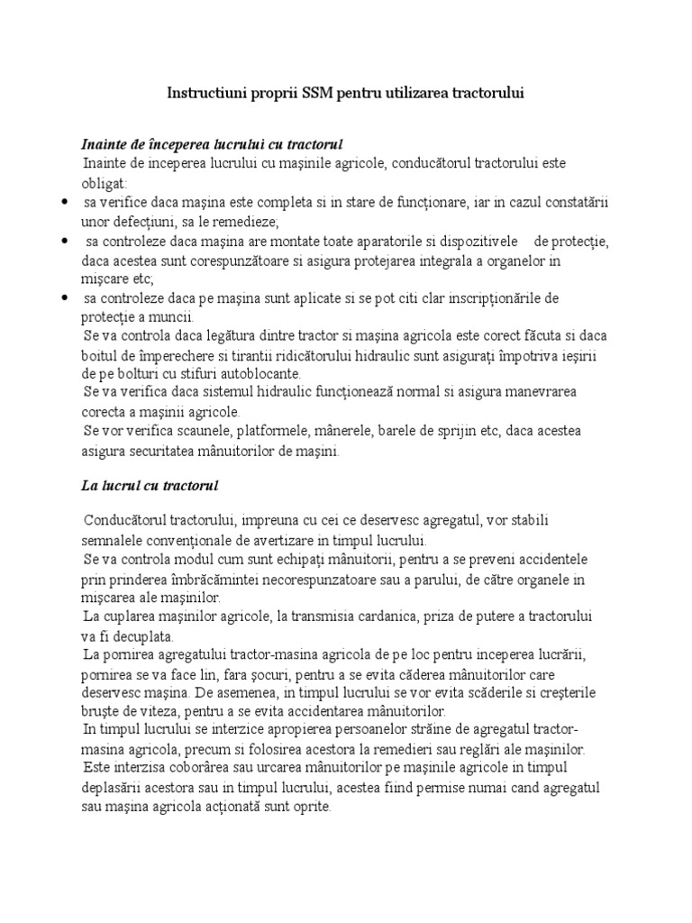 Instructiuni Proprii SSM Pentru Utilizarea Tractorului | PDF
