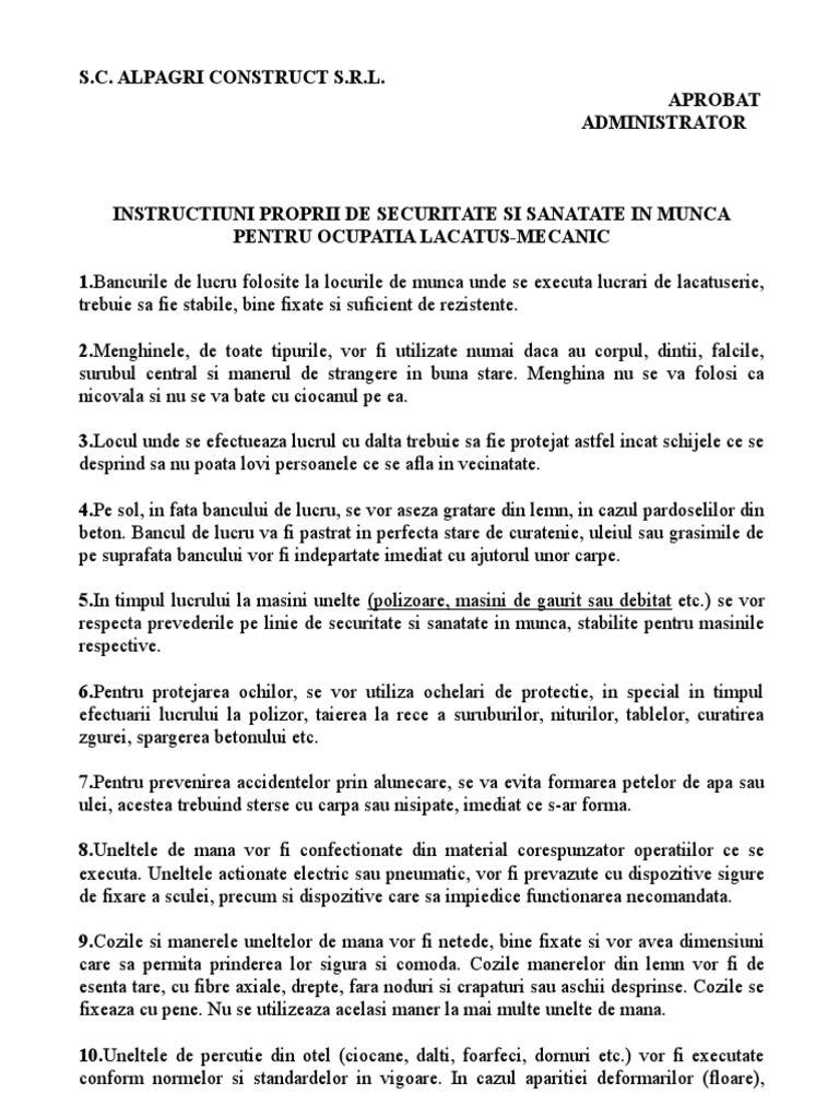 Instructiuni Proprii de SSM Pentru Ocupatia Lacatus Mecanic | PDF
