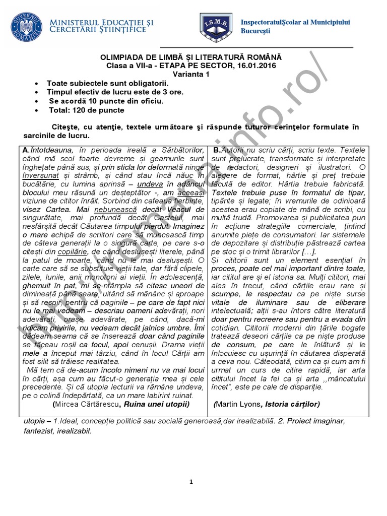 Romana Info.ro.2590 Olimpiada Limba Si Literatura Romana 2016 Sector