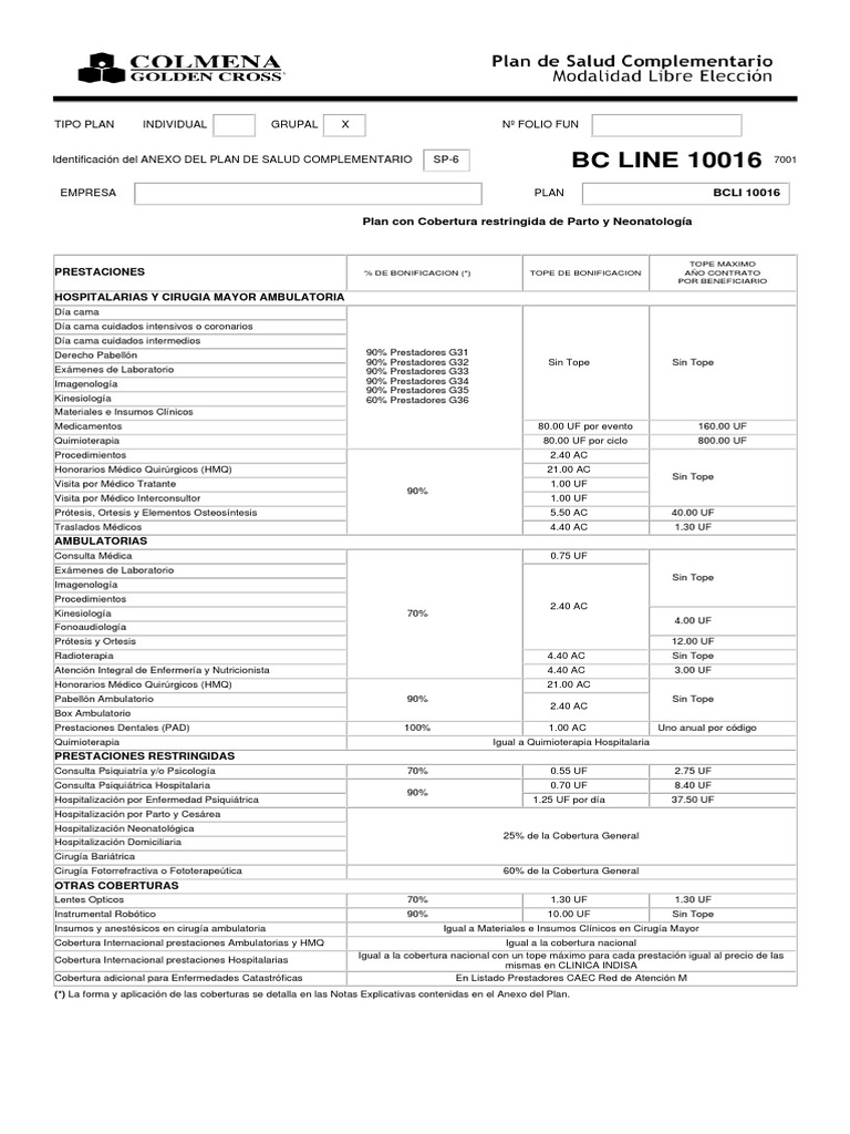 Plan de Salud Complementario BC LINE 10016 | PDF | Medicina | Cuidado ...