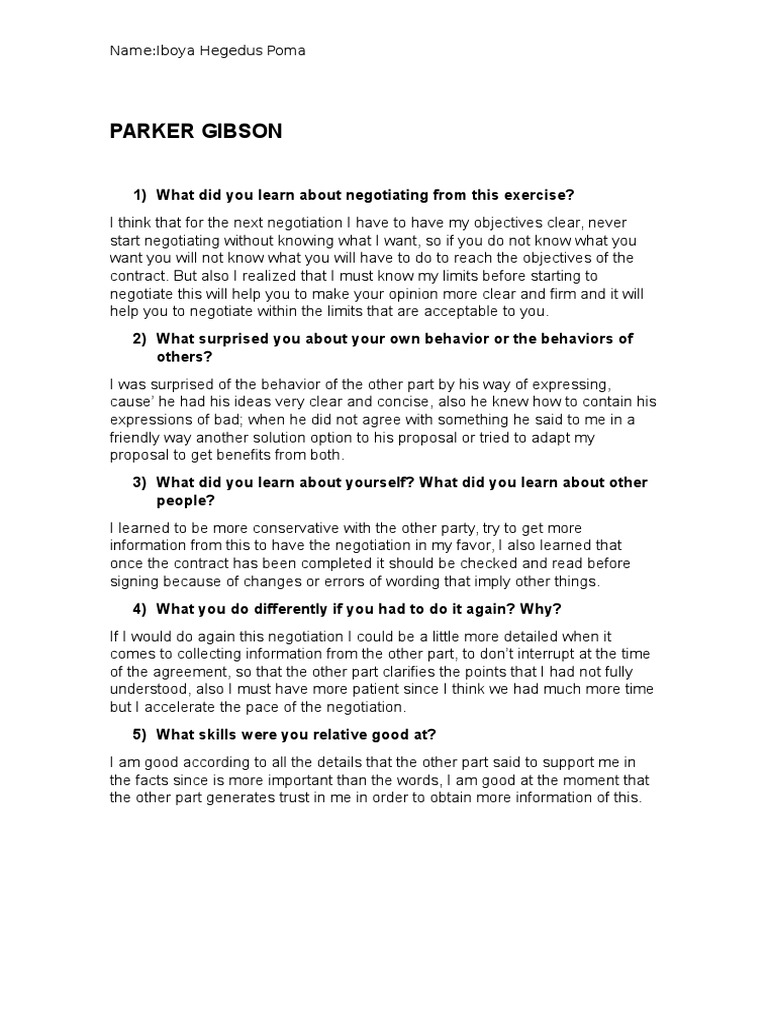 Insights from Parker Gibson Negotiation | PDF | Self-Improvement ...
