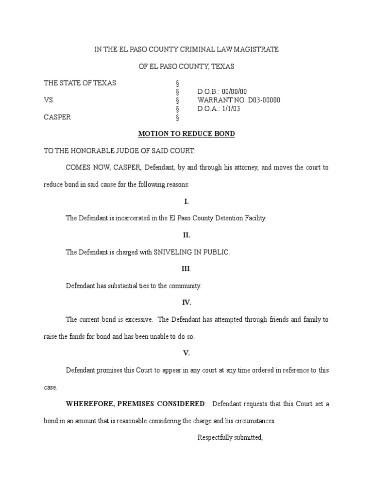 Basic BondMotion to Reduce Bond for the Jail Magistrate Cou.doc