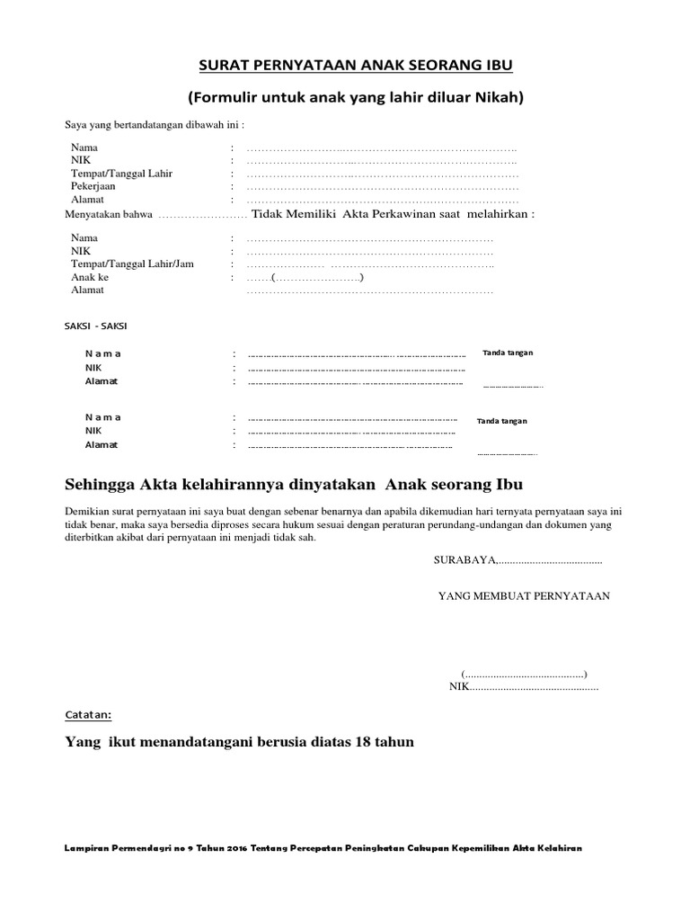 Surat Pernyataan Anak Seorang Ibu Pdf