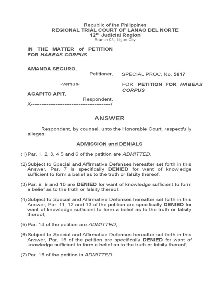 Answer (Petition For Habeas Corpus) Habeas Corpus Child Custody