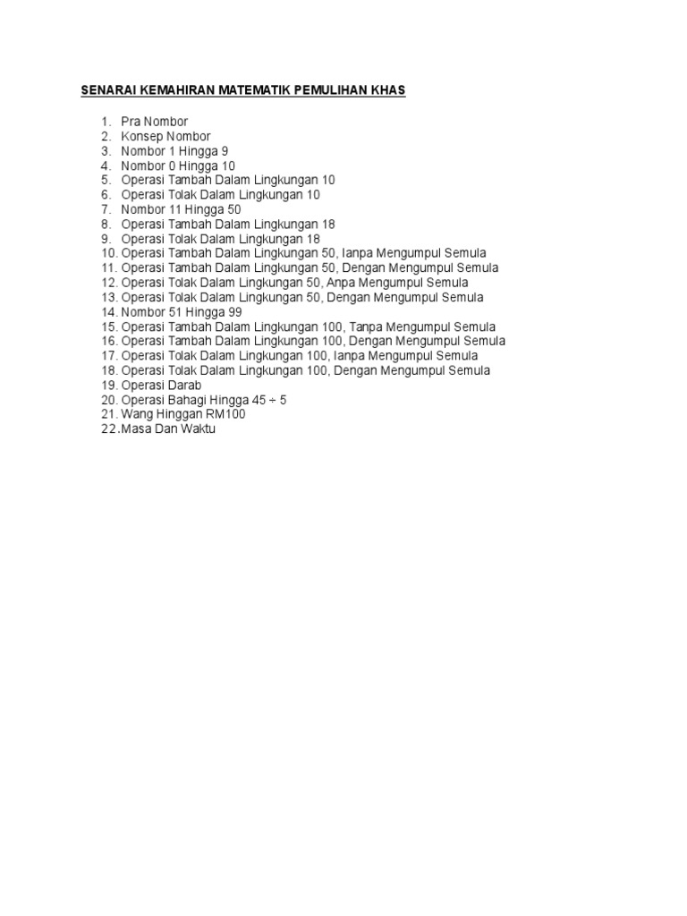 Senarai Kemahiran Matematik Pemulihan Khas