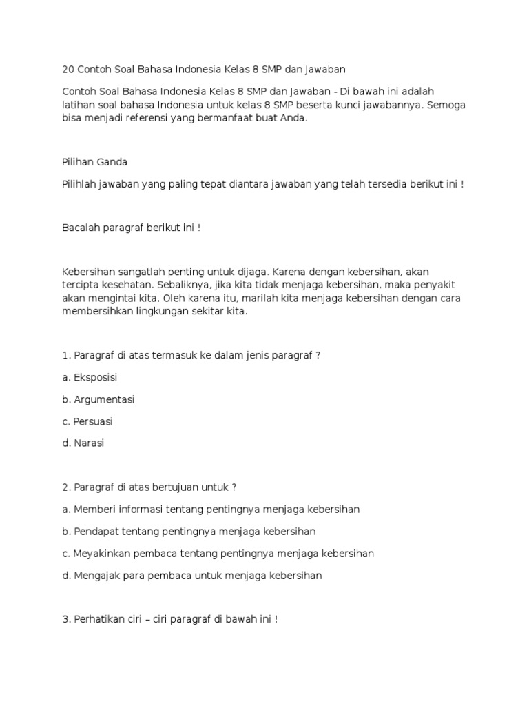 20 Contoh Soal Bahasa Indonesia Kelas 8 SMP Dan Jawaban