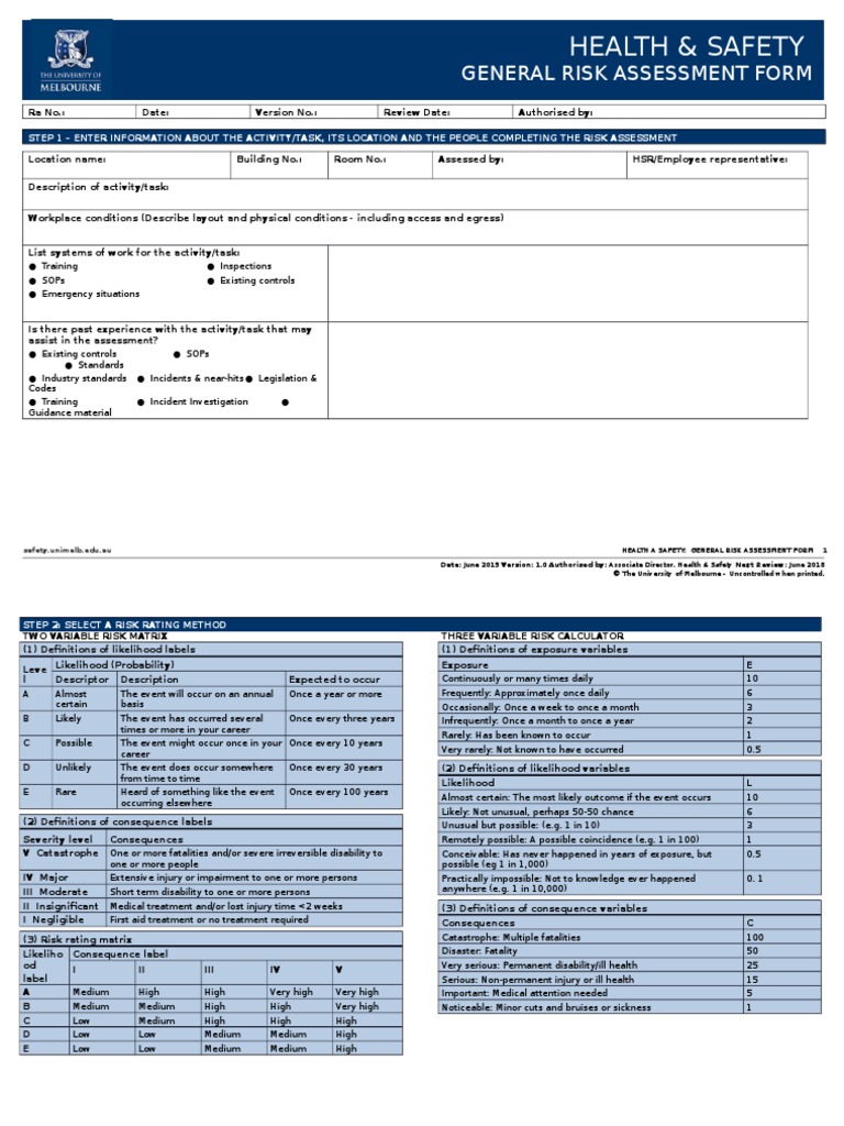 General Risk Assessment Form | Occupational Safety And Health | Risk ...