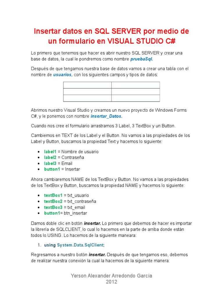 Insertar datos en SQL Server con C# | PDF | Servidor SQL de Microsoft ...