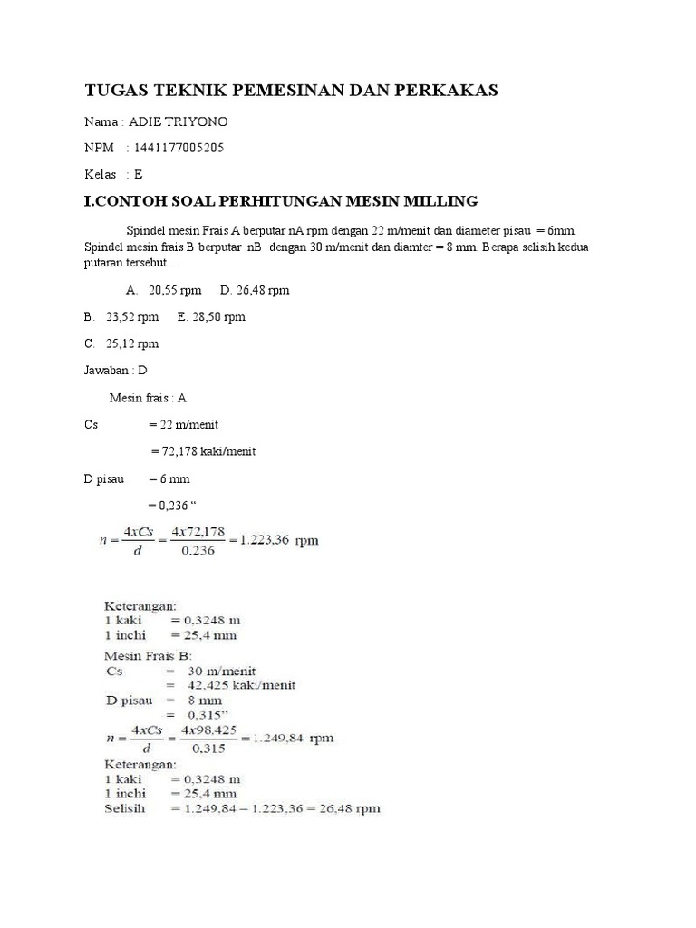 Contoh Soal Mesin Milling