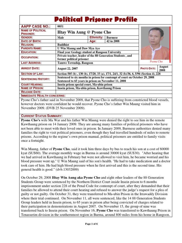 Burmese Political Prisoner Profile | PDF | Myanmar | Politics Of Myanmar