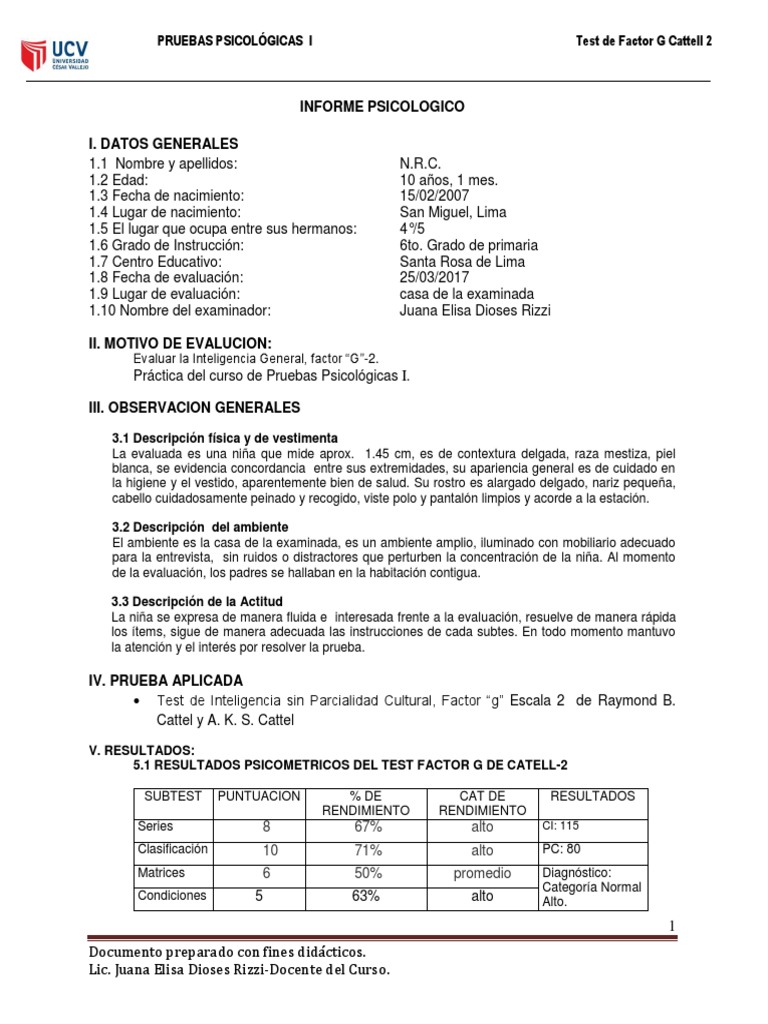 Informe del Test de Cattell Escala 2 | PDF | Cociente de inteligencia ...