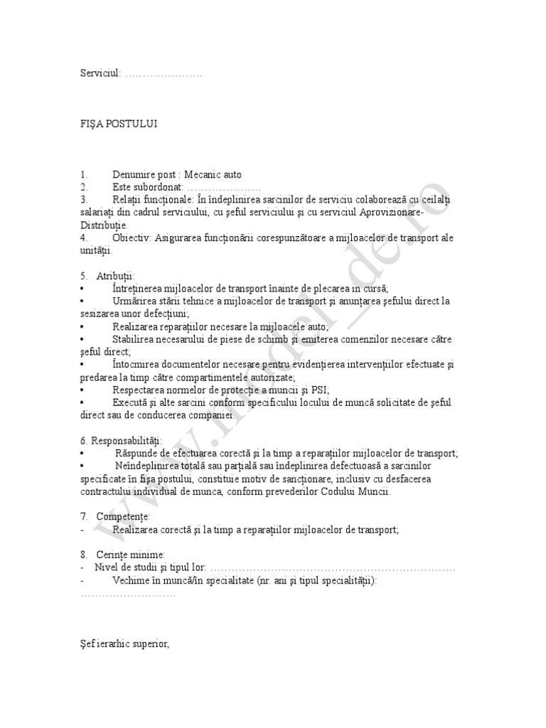 Fisa Postului Mecanic Auto | PDF