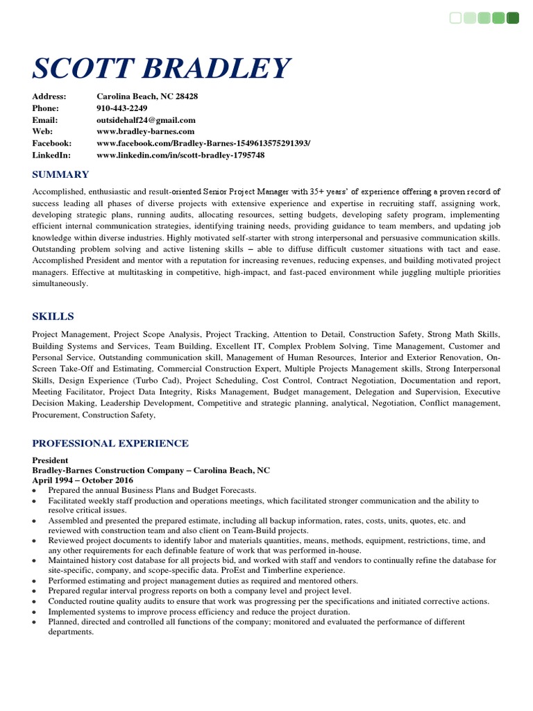 Senior Construction Project Manager in Wilmington NC Resume Scott